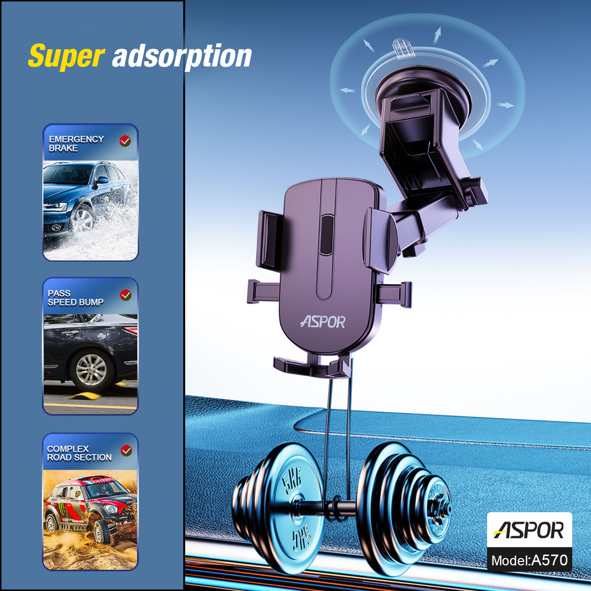 ASPOR A570 Universal Car Phone Holder – Secure Suction Cup Mount for Dashboard & Windshield